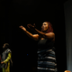 Griot Mabodou Sanou (left) and singer Maï Lingani (right) during a rehearsal for the premiere of the second act of Là-bas ou Ici at the Institut Français in Ouagadougou, Burkina Faso in March.